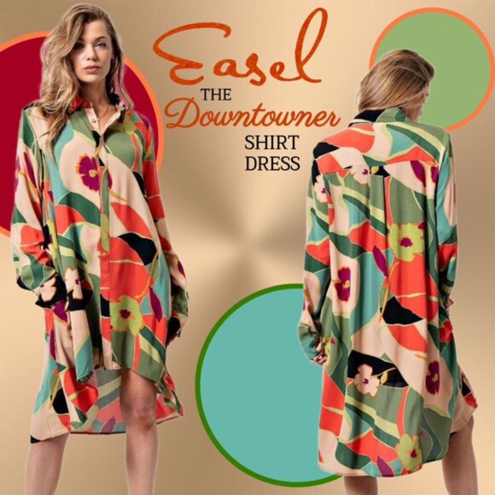 EASEL "The Downtowner" Challis Statement Shirt Dress Geo Print Hi Low Sexy Style